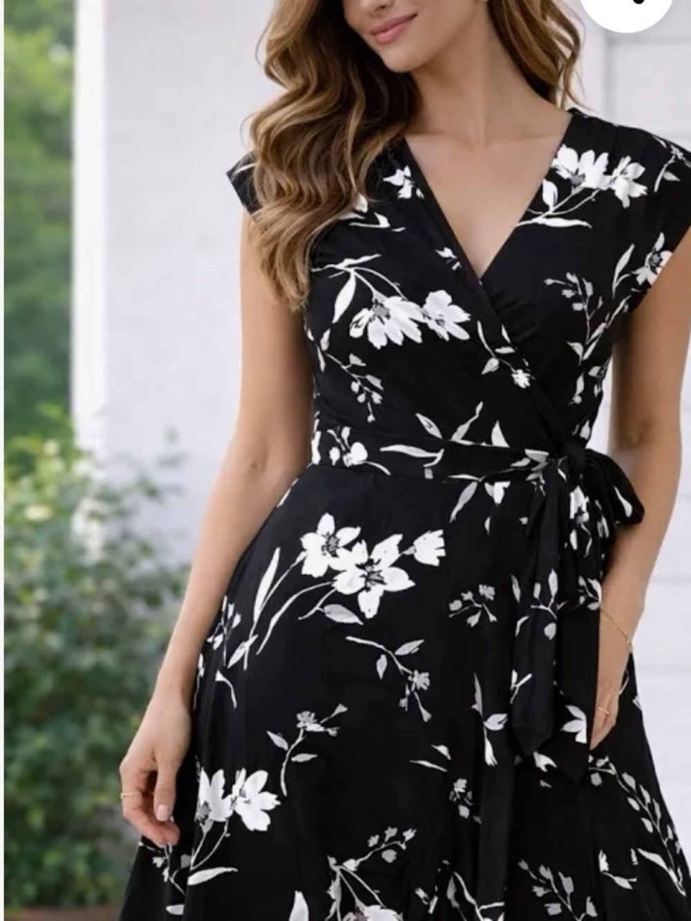 Old Navy Black and White Floral Wrap Midi Dress